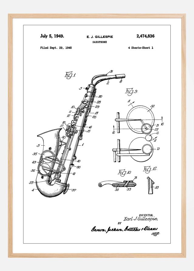 Patent Print - Saxophone - White reklaamplakat