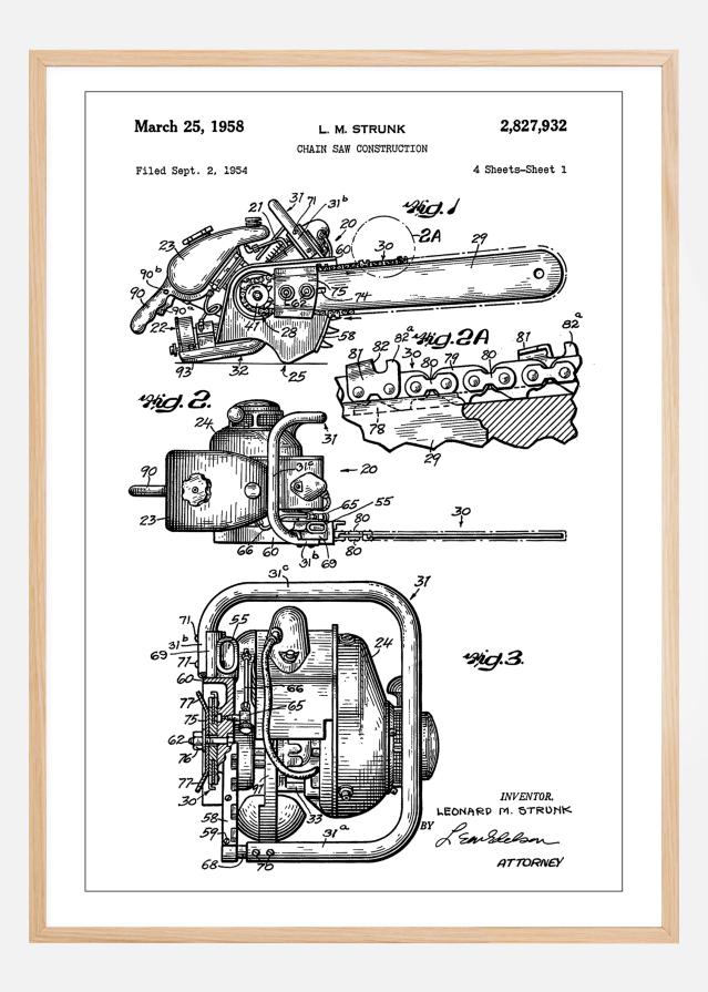 Patent Print - Chain Saw - White reklaamplakat