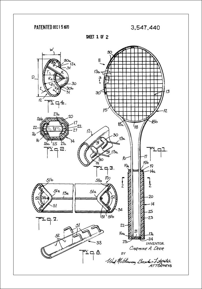 Patent Print - Tennis Racket - White reklaamplakat