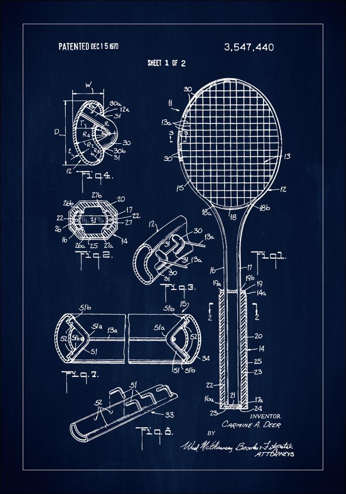 Patent Print - Tennis Racket - Blue reklaamplakat