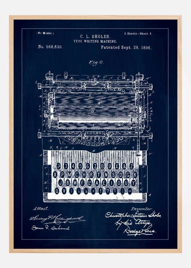 Patenteeritud joonistus - kirjutusmasin - sinine reklaamplakat