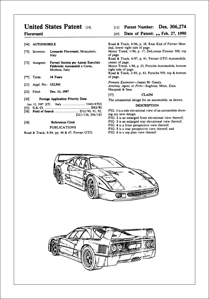 Patenteeritud joonistus - Ferrari F40 sees reklaamplakat