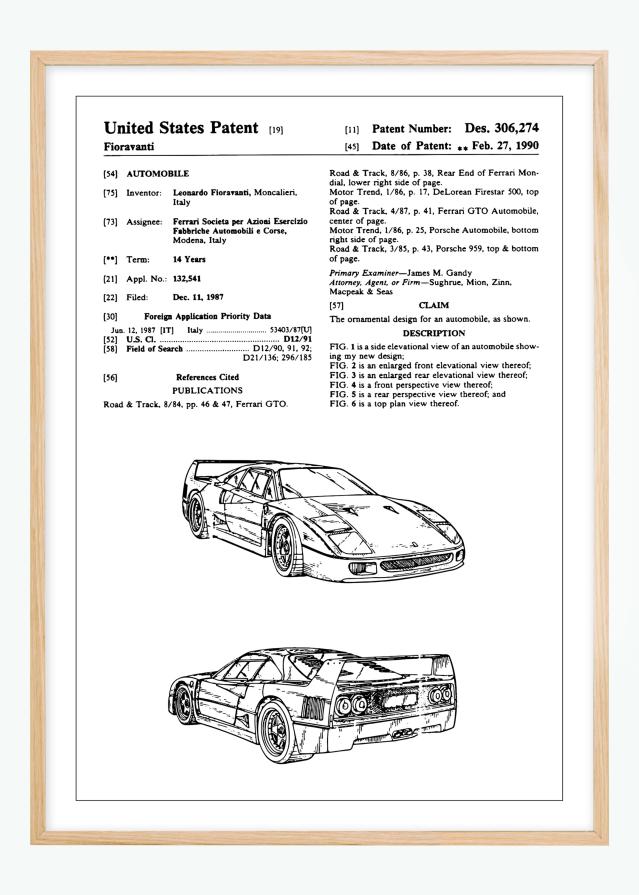 Patenteeritud joonistus - Ferrari F40 sees reklaamplakat