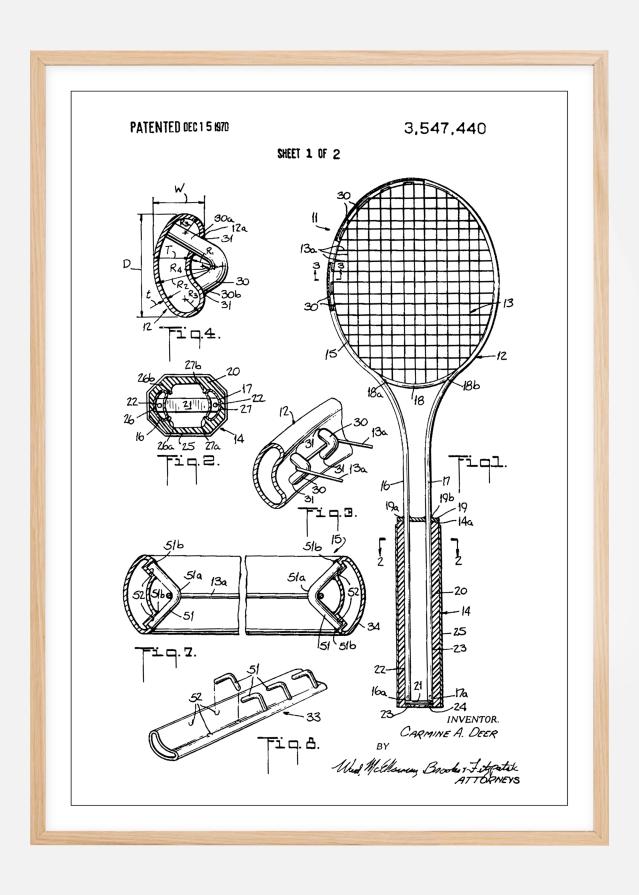 Patent Print - Tennis Racket - White reklaamplakat