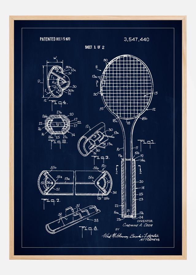 Patent Print - Tennis Racket - Blue reklaamplakat