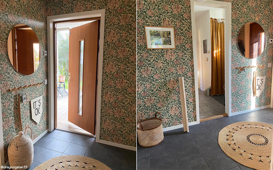 Lilleline tapeet esikus, ümmargune peegel toonitud klaasiga