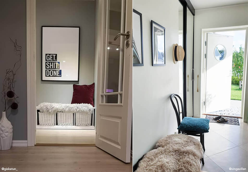 Esiku sisustus – istumispink hoiuga, must tool ja pildid