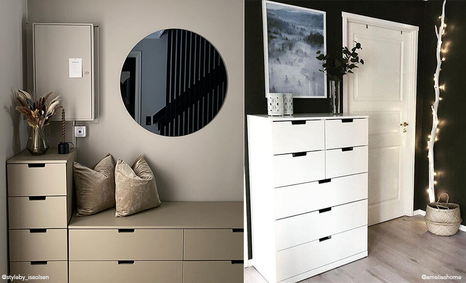 Esiku sisustus – istumispink hoiuga ja valge kummut